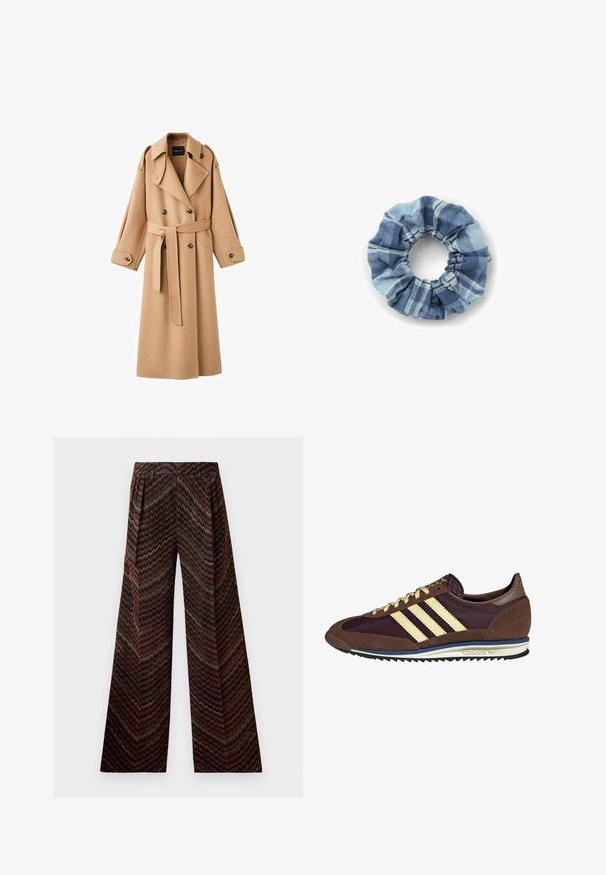 Kamelová vlněná trench coat s dvojitým zapínáním vpředu, širokými klopami, páskem v oblasti pasu a dlouhými rukávy s tlačítkovými detaily.; Krémový svetr s horizontálními pruhy v černé, zlaté, oranžové a hnědé barvě. Vyrobený z měkkého, strukturovaného úpletu s kulatým výstřihem.; Kalhoty se širokými nohavicemi a vysokým pasem se zigzagovým vzorem v odstínech hnědé, černé, růžové a zelené na bílém pozadí.; Hnědé a burgundské tenisky z semiše a síťoviny, s třemi krémovými pruhy, texturovaným materiálem na jazyku a gumovou podrážkou.; Denimová gumička v modrých tónech s kostkovaným vzorem. Měkká textura s nařasenými okraji a elastickým středem pro bezpečné uchycení.