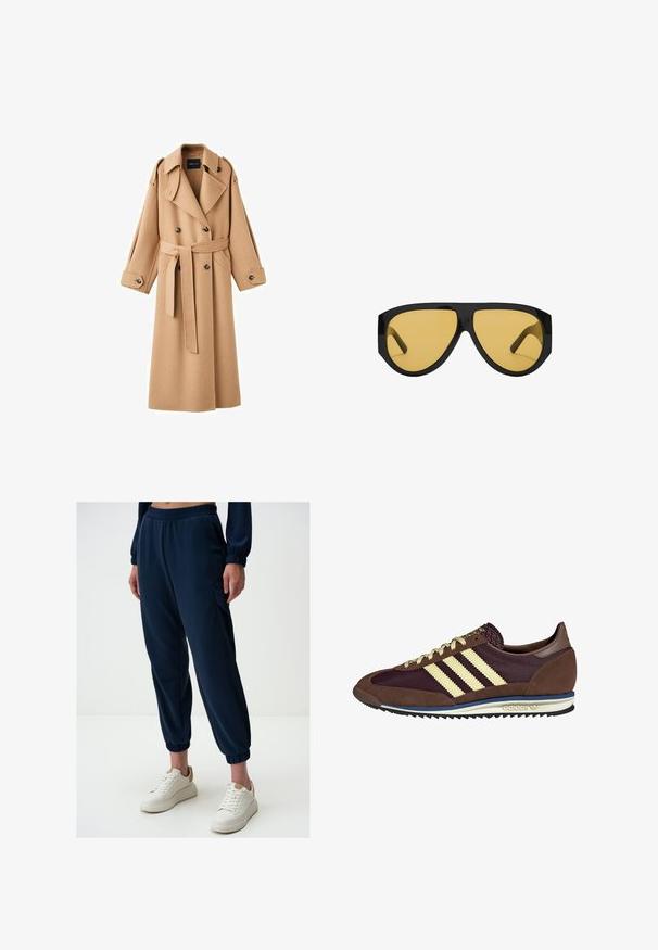 Camelkleurige wollen trenchcoat met een dubbelbreasted voorkant, brede revers, een ceintuur in de taille en lange mouwen met knoopdetails.; Crème sweater met horizontale strepen in zwart, goud, oranje en bruin. Gemaakt van een zachte, gestructureerde brei met een ronde halslijn.; Marine joggingsbroek van zachte stof met een elastische tailleband, zijzakken en aansluitende manchetten. Gecombineerd met witte platform sneakers.; Bruine en bordeauxkleurige sneaker van suede en mesh materiaal, met drie crèmekleurige strepen, een gemêleerd stof op de tong en een rubberen zool.; Zonnebril met een strakke zwarte kunststof frame en gele getinte glazen, met een opvallende hoekige vorm en brede pootjes voor extra bescherming.