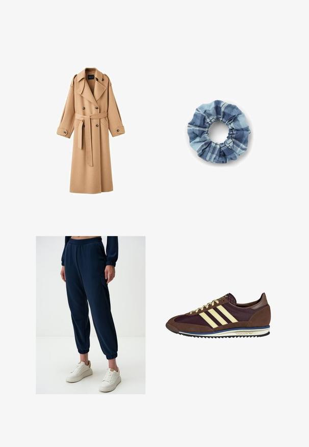 Trencz w kolorze camel z podwójnym zapięciem, szerokimi klapami, paskiem w talii oraz długimi rękawami z guzikami.; Kremowy sweter z poziomymi paskami w kolorach czarnym, złotym, pomarańczowym i brązowym. Wykonany z miękkiego, fakturowanego dzianiny z okrągłym dekoltem.; Granatowe joggerki wykonane z miękkiego materiału, z elastycznym paskiem w talii, bocznymi kieszeniami i dopasowanymi ściągaczami. W połączeniu z białymi sneakerami na platformie.; Brązowe i burgundowe sneakersy wykonane z zamszu i siateczkowych materiałów, z trzema kremowymi paskami, teksturowanym materiałem na języku i gumową podeszwą.; Denimowa scrunchie w niebieskich odcieniach z wzorem w kratę. Miękka faktura z marszczonymi krawędziami i elastycznym środkiem zapewniającym pewne trzymanie.