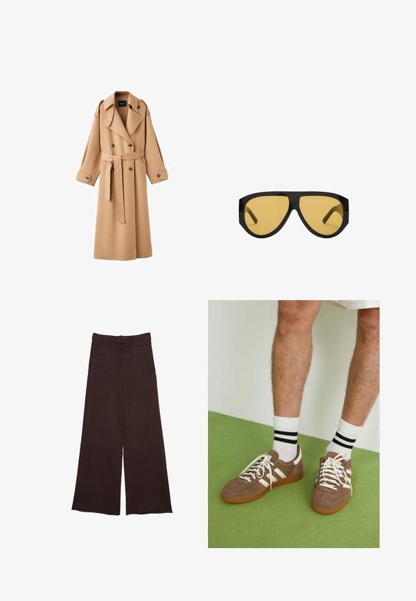 Kamelová vlněná trench coat s dvojitým zapínáním vpředu, širokými klopami, páskem v oblasti pasu a dlouhými rukávy s tlačítkovými detaily.; Krémový svetr s horizontálními pruhy v černé, zlaté, oranžové a hnědé barvě. Vyrobený z měkkého, strukturovaného úpletu s kulatým výstřihem.; Hnědé široké kalhoty vyrobené z měkké tkaniny, s elastickým páskem a šňůrkou, a texturovaným povrchem pro zvýšení detailu.; Hnědé semišové tenisky s bílými akcenty a tkaničkami. Gumová podrážka. Nošeny s bílými ponožkami s černými pruhy. Zelená strukturovaná podlaha.; Sluneční brýle s elegantním černým plastovým rámem a žlutě tónovanými čočkami, s výrazným úhlovým tvarem a širokými obroučkami pro dodatečné zakrytí.; Denimová gumička v modrých tónech s kostkovaným vzorem. Měkká textura s nařasenými okraji a elastickým středem pro bezpečné uchycení.