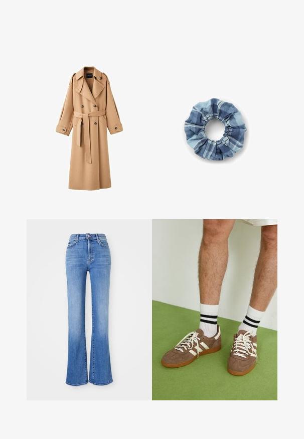 Kamelová vlněná trench coat s dvojitým zapínáním vpředu, širokými klopami, páskem v oblasti pasu a dlouhými rukávy s tlačítkovými detaily.; Krémový svetr s horizontálními pruhy v černé, zlaté, oranžové a hnědé barvě. Vyrobený z měkkého, strukturovaného úpletu s kulatým výstřihem.; Džínsy s vysokým pasem a rozšířenými nohavicemi vyrobené z světle modrého denimu. Mezi vlastnosti patří pět kapes, zip a třepené lemy. Texturovaná tkanina s vypalováním.; Hnědé semišové tenisky s bílými akcenty a tkaničkami. Gumová podrážka. Nošeny s bílými ponožkami s černými pruhy. Zelená strukturovaná podlaha.; Denimová gumička v modrých tónech s kostkovaným vzorem. Měkká textura s nařasenými okraji a elastickým středem pro bezpečné uchycení.