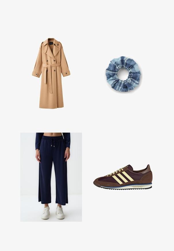 Kamelbraßer Wolltrenchcoat mit doppelter Knopfleiste, breiten Revers, tailliertem Gürtel und langen Ärmeln mit Knopfdetails.; Cremfarbener Pullover mit horizontalen Streifen in Schwarz, Gold, Orange und Braun. Hergestellt aus einem weichen, strukturierten Strick mit Rundhalsausschnitt.; Marineblaue weit geschnittene Hose aus einem glatten, leichten Stoff mit einem elastischen Bund und Kordelzug. Kombiniert mit weißen Sneakers.; Braune und burgunderfarbene Sneaker aus Wildleder und Mesh-Materialien, mit drei cremefarbenen Streifen, strukturiertem Stoff an der Zunge und einer Gummisohle.; Denim-Haarband in Blautönen mit einem karierten Muster. Weiche Textur mit gerafften Kanten und einem elastischen Mittelpunkt für sicheren Halt.