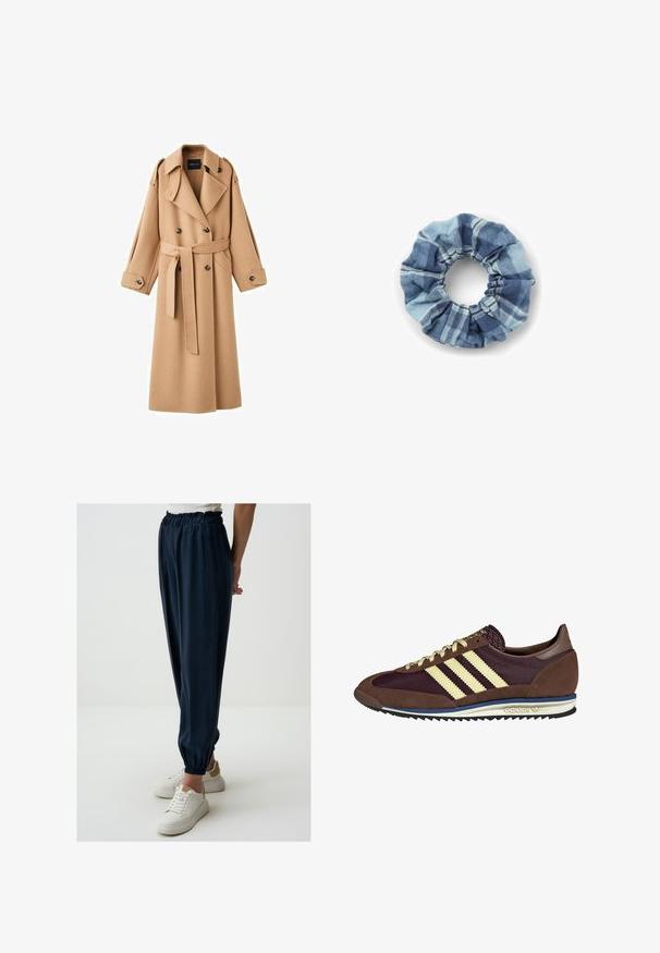 Kamelbraßer Wolltrenchcoat mit doppelter Knopfleiste, breiten Revers, tailliertem Gürtel und langen Ärmeln mit Knopfdetails.; Cremfarbener Pullover mit horizontalen Streifen in Schwarz, Gold, Orange und Braun. Hergestellt aus einem weichen, strukturierten Strick mit Rundhalsausschnitt.; Navyblaue, dehnbare Gewebehosen mit elastischem Bund und gerafften Bündchen. Kombiniert mit weißen Sneakers und einem schlichten Oberteil.; Braune und burgunderfarbene Sneaker aus Wildleder und Mesh-Materialien, mit drei cremefarbenen Streifen, strukturiertem Stoff an der Zunge und einer Gummisohle.; Denim-Haarband in Blautönen mit einem karierten Muster. Weiche Textur mit gerafften Kanten und einem elastischen Mittelpunkt für sicheren Halt.