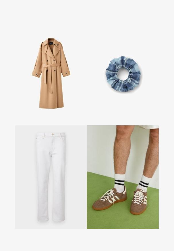Trencz w kolorze camel z podwójnym zapięciem, szerokimi klapami, paskiem w talii oraz długimi rękawami z guzikami.; Kremowy sweter z poziomymi paskami w kolorach czarnym, złotym, pomarańczowym i brązowym. Wykonany z miękkiego, fakturowanego dzianiny z okrągłym dekoltem.; Białe dżinsy o prostym kroju nogawki, pięciokieszeniowym designie, jasnym przeszyciu oraz srebrnym zapięciu na guzik. Gładka faktura i minimalne detale.; Brązowe zamszowe sneakersy z białymi akcentami i sznurówkami. Gumowa, brązowa podeszwa. Noszone z białymi skarpetkami w czarne paski. Zielona teksturowana podłoga.; Denimowa scrunchie w niebieskich odcieniach z wzorem w kratę. Miękka faktura z marszczonymi krawędziami i elastycznym środkiem zapewniającym pewne trzymanie.