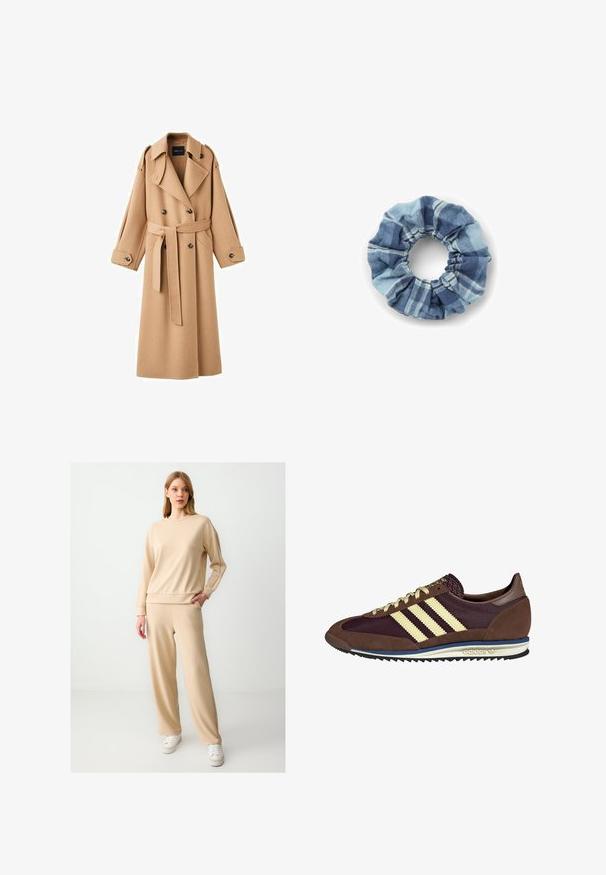 Trencz w kolorze camel z podwójnym zapięciem, szerokimi klapami, paskiem w talii oraz długimi rękawami z guzikami.; Kremowy sweter z poziomymi paskami w kolorach czarnym, złotym, pomarańczowym i brązowym. Wykonany z miękkiego, fakturowanego dzianiny z okrągłym dekoltem.; Beżowy sweter i pasujące szerokie spodnie, wykonane z miękkiego materiału. Posiada okrągły dekolt, opuszczone ramiona i boczne kieszenie.; Brązowe i burgundowe sneakersy wykonane z zamszu i siateczkowych materiałów, z trzema kremowymi paskami, teksturowanym materiałem na języku i gumową podeszwą.; Denimowa scrunchie w niebieskich odcieniach z wzorem w kratę. Miękka faktura z marszczonymi krawędziami i elastycznym środkiem zapewniającym pewne trzymanie.