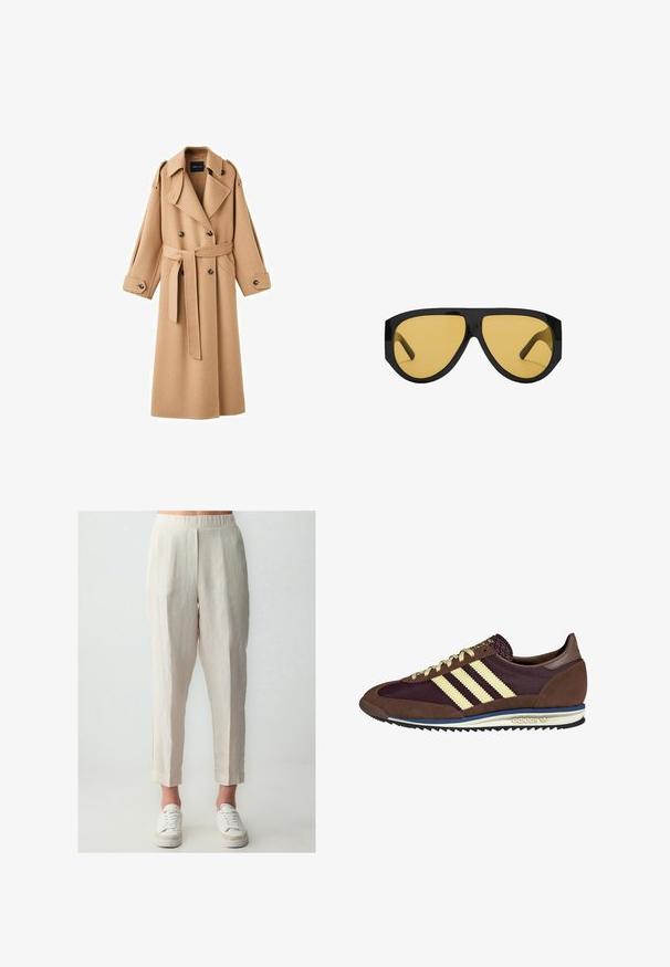Trencz w kolorze camel z podwójnym zapięciem, szerokimi klapami, paskiem w talii oraz długimi rękawami z guzikami.; Kremowy sweter z poziomymi paskami w kolorach czarnym, złotym, pomarańczowym i brązowym. Wykonany z miękkiego, fakturowanego dzianiny z okrągłym dekoltem.; Jasno beżowe lniane spodnie o luźnym kroju, z elastycznym paskiem w talii, bocznymi kieszeniami i lekko zwężającymi się nogawkami. Stylizowane z białymi trampkami.; Brązowe i burgundowe sneakersy wykonane z zamszu i siateczkowych materiałów, z trzema kremowymi paskami, teksturowanym materiałem na języku i gumową podeszwą.; Okulary przeciwsłoneczne z elegancką, czarną plastikową oprawką i żółtymi soczewkami, o wyraźnym kanciastym kształcie i szerokich zausznikach dla dodatkowej ochrony.; Denimowa scrunchie w niebieskich odcieniach z wzorem w kratę. Miękka faktura z marszczonymi krawędziami i elastycznym środkiem zapewniającym pewne trzymanie.