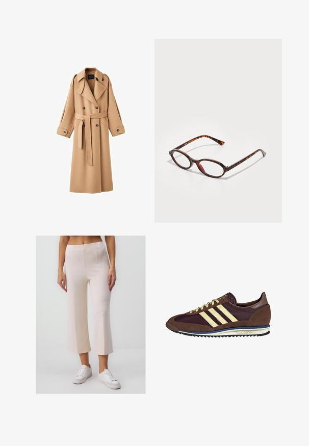 Camel-colored wool trench coat with a double-breasted front, wide lapels, a belted waist, and long sleeves with button details.; Cream sweater featuring horizontal stripes in black, gold, orange, and brown. Made from a soft, textured knit with a crew neckline.; Light pink cropped pants made of soft fabric. Features a smooth texture, tailored fit, and subtle vertical stitching for added detail.; Brown and burgundy sneaker with suede and mesh materials, featuring three cream stripes, textured fabric on the tongue, and a rubber sole.; Tortoiseshell sunglasses with oval lenses, featuring a dark frame with light and dark brown patterns, and slender, curved temples.; Denim scrunchie in blue tones featuring a plaid pattern. Soft texture with gathered edges and an elastic center for secure hold.