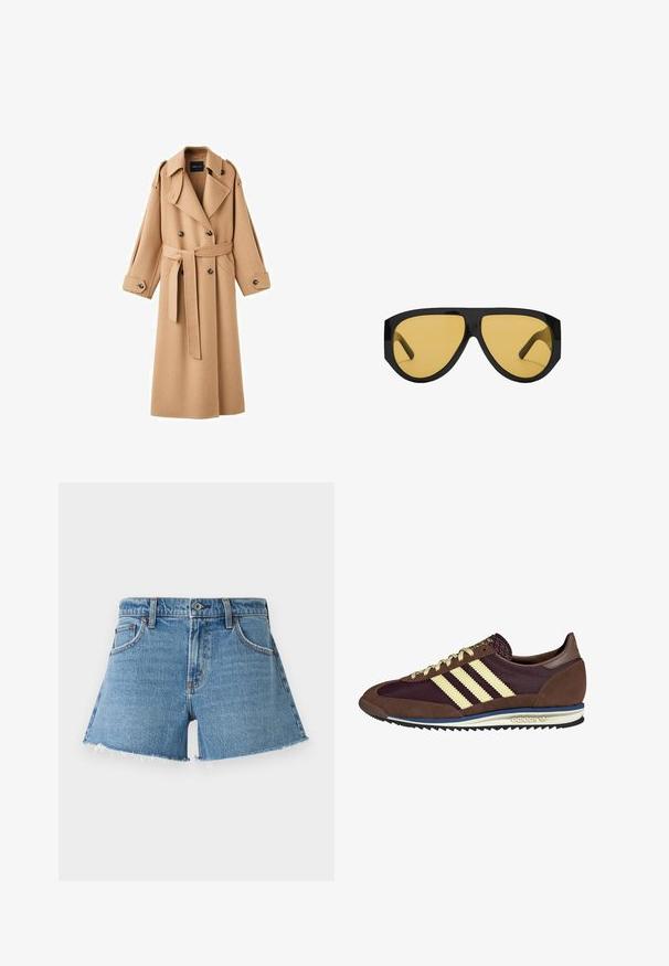 Kamelová vlněná trench coat s dvojitým zapínáním vpředu, širokými klopami, páskem v oblasti pasu a dlouhými rukávy s tlačítkovými detaily.; Krémový svetr s horizontálními pruhy v černé, zlaté, oranžové a hnědé barvě. Vyrobený z měkkého, strukturovaného úpletu s kulatým výstřihem.; Džínové šortky s vysokým pasem ve světle modré barvě. Obsahují roztrhaný lem a pět kapes. Klasický design s měděnými nýtky a předním zapínáním na knoflík.; Hnědé a burgundské tenisky z semiše a síťoviny, s třemi krémovými pruhy, texturovaným materiálem na jazyku a gumovou podrážkou.; Sluneční brýle s elegantním černým plastovým rámem a žlutě tónovanými čočkami, s výrazným úhlovým tvarem a širokými obroučkami pro dodatečné zakrytí.
