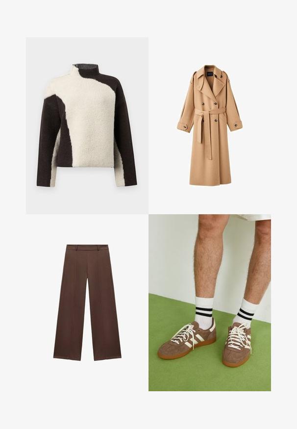 Camel boje vuneni kaput s dvostrukim kopčanjem, širokim reverima, pojasom u struku i dugim rukavima s detaljima na gumbima.; Fleecasti džemper s visokim ovratnikom, s dizajnom u blokovima boja u tamnosmeđoj i krem boji, koji prikazuje mekanu, teksturiranu završnicu.; Smeđe široke hlače od mekanog materijala, sa ravnim prednjim dijelom, pojasom i nabranim detaljima za dodatnu teksturu.; Smeđe nubuk tenisice s bijelim detaljima i vezicama. Gumeni potplat. Nosene s bijelim čarapama s crnim prugama. Zeleno teksturirano pod.