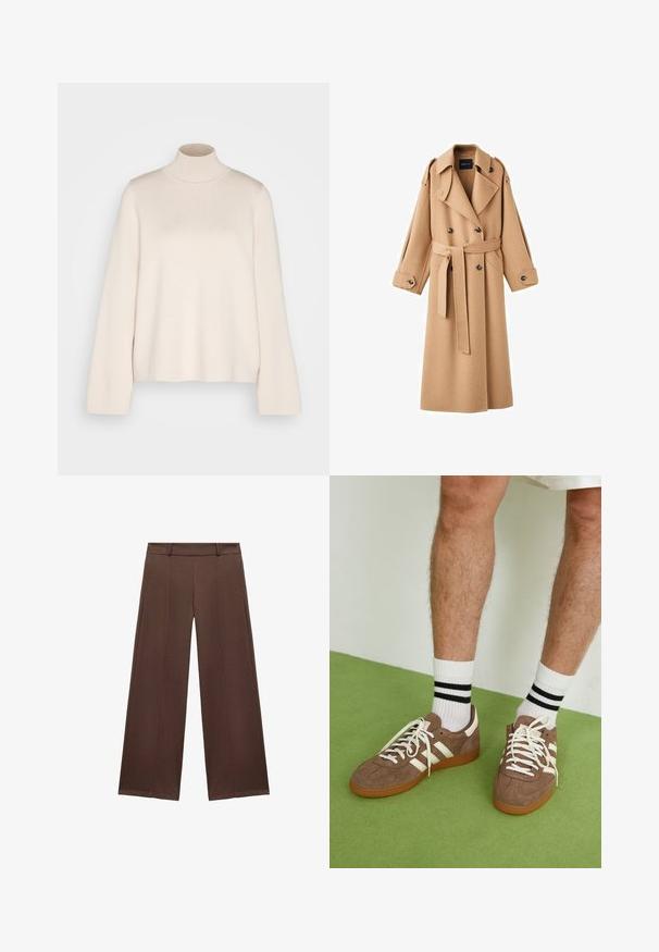 Kamelbraßer Wolltrenchcoat mit doppelter Knopfleiste, breiten Revers, tailliertem Gürtel und langen Ärmeln mit Knopfdetails.; Cremfarbener Rollkragenpullover mit langen Ärmeln, aus weichem Strickstoff gefertigt. Verfügt über einen enganliegenden Kragen und eine lockere Silhouette. Keine sichtbaren Muster oder Akzente.; Braune Weitbein-Hosen aus weichem Stoff, mit flacher Vorderseite, einem Taillenbund und gefältelten Details für zusätzliche Textur.; Braune Wildleder-Sneaker mit weißen Akzenten und Schnürsenkeln. Gummisohle in Kautschuk-Optik. Getragen mit weißen Socken, die schwarze Streifen haben. Grüner strukturierter Fußboden.