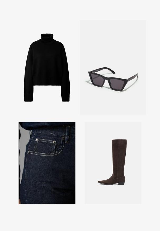 Camelkleurige wollen trenchcoat met een dubbelbreasted voorkant, brede revers, een ceintuur in de taille en lange mouwen met knoopdetails.; Zwarte cropped turtleneck trui met geribbelde halslijn en zoom. Voorzien van lange mouwen en een relaxed fit. Gemaakt van een zachte gebreide stof.; Donkerdenim jeans met een klassiek vijf-pocket ontwerp, contraststiksels en metalen klinknagels. De textuur lijkt glad met een lichte glans.; Bruine suède kniehoge laarzen met een spitse neus en een lage blokhak. Gladde textuur, minimale stiksels en geen prominente hardware of accenten.; Zwarte, hoekige zonnebril met grijze lenzen; gemaakt van plastic, met dikke armen met een gladde oppervlakte en zonder zichtbare hardware.; Zwarte clutch tas met een textuurafwerking, gouden kettingband en een sluiting met klapsluiting. Rechteckige vorm met een slank, minimalistisch ontwerp.
