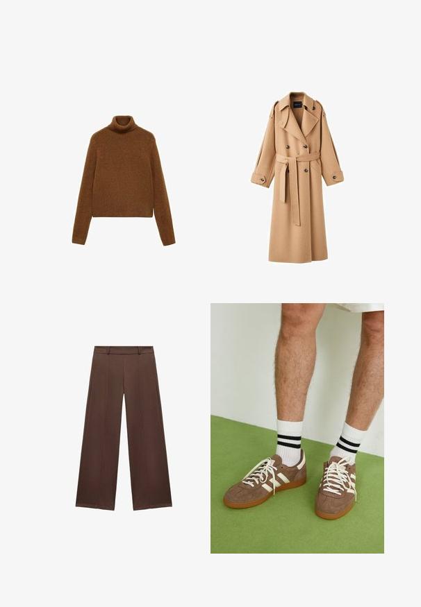 Kamelová vlněná trench coat s dvojitým zapínáním vpředu, širokými klopami, páskem v oblasti pasu a dlouhými rukávy s tlačítkovými detaily.; Hnědý rolák z měkkého pleteného materiálu, s ribbovaným límcem a dlouhými rukávy, s krátkým střihem a hladkou texturou.; Hnědé široké kalhoty vyrobené z měkké tkaniny, s plochým bokem a pasem a sklady pro zvýšení textury.; Hnědé semišové tenisky s bílými akcenty a tkaničkami. Gumová podrážka. Nošeny s bílými ponožkami s černými pruhy. Zelená strukturovaná podlaha.