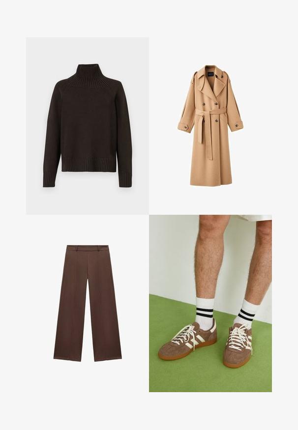 Manteau en laine couleur camel avec un devant double-breasted, de larges revers, une taille ceinturée et des manches longues avec des détails de boutons.; Pull en maille noire à col roulé avec des accents côtelés au niveau du col, des poignets et de l'ourlet ; il a une coupe décontractée et une surface texturée.; Pantalons larges marron en tissu doux, dotés d'une taille plate avec une ceinture et de plis pour une texture supplémentaire.; Baskets en daim marron avec des accents et des lacets blancs. Semelle en caoutchouc gomme. Portées avec des chaussettes blanches à rayures noires. Sol texturé vert.