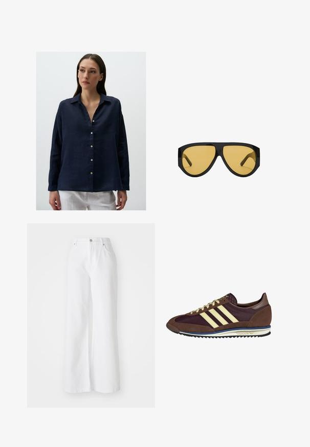 Trench coat in lana color cammello con davanti doppiopetto, ampie revers, vita con cintura e maniche lunghe con dettagli a bottoni.; Camicia button-up in lino blu navy con colletto, maniche lunghe e vestibilità comoda. Presenta una patta frontale con bottoni bianchi e una consistenza morbida.; Pantaloni a gamba larga in denim bianco con vita alta, dotati di tasche anteriori e chiusura con bottone in argento. La texture è liscia e di un colore uniforme.; Sneaker marrone e bordeaux realizzato in materiali scamosciati e in rete, caratterizzato da tre strisce color crema, tessuto testurizzato sulla linguetta e suola in gomma.; Occhiali da sole con una struttura in plastica nera elegante e lenti gialle, caratterizzati da una forma angolare distintiva e grandi tempie per una maggiore copertura.