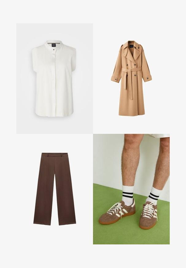 Trencz w kolorze camel z podwójnym zapięciem, szerokimi klapami, paskiem w talii oraz długimi rękawami z guzikami.; BOSS EJICA biały; Brązowe spodnie szerokie w nogawkach, wykonane z miękkiego materiału, z płaskim przodem, pasem i plisowanymi detalami dla dodatkowej tekstury.; Brązowe zamszowe sneakersy z białymi akcentami i sznurówkami. Gumowa, brązowa podeszwa. Noszone z białymi skarpetkami w czarne paski. Zielona teksturowana podłoga.