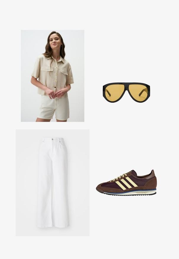 Trencz w kolorze camel z podwójnym zapięciem, szerokimi klapami, paskiem w talii oraz długimi rękawami z guzikami.; Beżowa koszula z krótkim rękawem, z kołnierzykiem, dwiema kieszeniami na piersi i złotymi guzikami. W połączeniu z kremowymi szortami, materiał wydaje się lekki i gładki.; Białe dżinsowe spodnie w szerokim kroju z wysokim stanem, z przednimi kieszeniami i srebrnym zapięciem na guzik. Tekstura jest gładka, w jednolitym kolorze.; Brązowe i burgundowe sneakersy wykonane z zamszu i siateczkowych materiałów, z trzema kremowymi paskami, teksturowanym materiałem na języku i gumową podeszwą.; Okulary przeciwsłoneczne z elegancką, czarną plastikową oprawką i żółtymi soczewkami, o wyraźnym kanciastym kształcie i szerokich zausznikach dla dodatkowej ochrony.; Denimowa scrunchie w niebieskich odcieniach z wzorem w kratę. Miękka faktura z marszczonymi krawędziami i elastycznym środkiem zapewniającym pewne trzymanie.