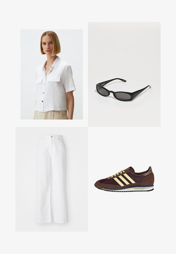 Trench coat in lana color cammello con davanti doppiopetto, ampie revers, vita con cintura e maniche lunghe con dettagli a bottoni.; Jimmy Key SHORT SLEEVE WITH POCKET DETAIL - Camicia - white; Pantaloni a gamba larga in denim bianco con vita alta, dotati di tasche anteriori e chiusura con bottone in argento. La texture è liscia e di un colore uniforme.; Sneaker marrone e bordeaux realizzato in materiali scamosciati e in rete, caratterizzato da tre strisce color crema, tessuto testurizzato sulla linguetta e suola in gomma.; Henrik Vibskov MEGAN SUNGLASSES UNISEX - Occhiali da sole - black; DRAGON DIFFUSION MINI FLAT GORA - Borsa a mano - dark brown