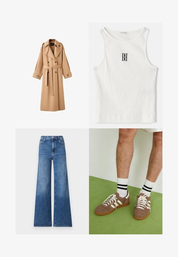 Camelkleurige wollen trenchcoat met een dubbelbreasted voorkant, brede revers, een ceintuur in de taille en lange mouwen met knoopdetails.; Witte geribde tanktop met een zwart geborduurd logo in het midden van de borst. De halslijn en armsgaten zijn afgewerkt met een subtiele bies.; Blauwe denim jeans met wijde pijpen en een hoge taille, met een knoopsluiting, voorkruiken en subtiele vervaging voor textuur.; Bruine suède sneakers met witte accenten en veters. Rubberen gumzool. Draag met witte sokken met zwarte strepen. Groene gestructureerde vloer.