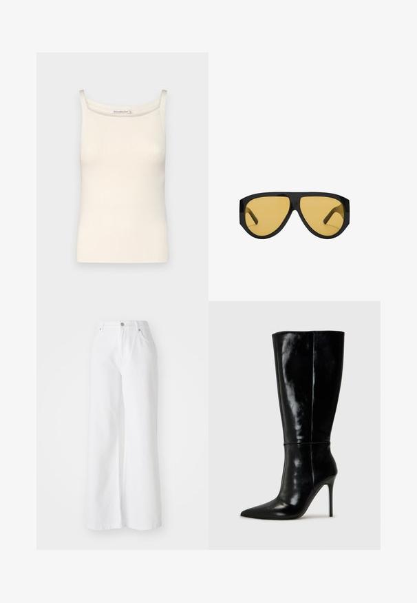 Trencz w kolorze camel z podwójnym zapięciem, szerokimi klapami, paskiem w talii oraz długimi rękawami z guzikami.; Kremowy, prążkowany top na ramiączkach z cienkimi paskami i wycięciem w serek, charakteryzujący się gładką fakturą i dopasowanym krojem.; Białe dżinsowe spodnie w szerokim kroju z wysokim stanem, z przednimi kieszeniami i srebrnym zapięciem na guzik. Tekstura jest gładka, w jednolitym kolorze.; Czarne skórzane wysokie buty za kolano z ostro zakończonym noskiem i wysokim obcasem w kształcie szpilki. Gładka tekstura i smukły design, z minimalnymi detalami.; Okulary przeciwsłoneczne z elegancką, czarną plastikową oprawką i żółtymi soczewkami, o wyraźnym kanciastym kształcie i szerokich zausznikach dla dodatkowej ochrony.; Czarna, błyszcząca torebka o zaokrąglonym kształcie, z dwoma uchwytami i przednią tabliczką logo. Zamek błyskawiczny oraz błyszczące akcenty metalowe.
