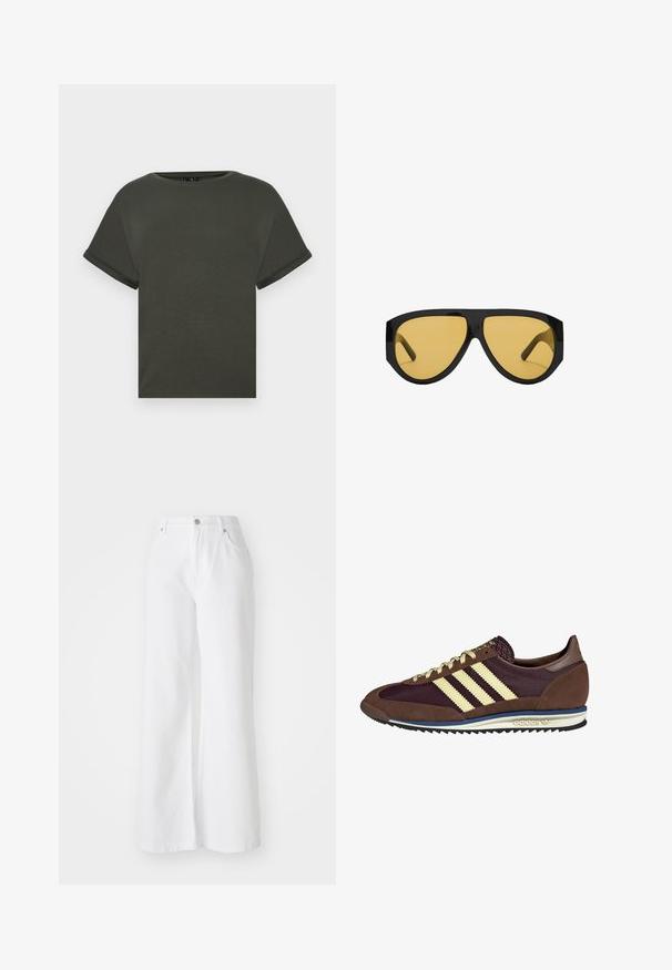 Trencz w kolorze camel z podwójnym zapięciem, szerokimi klapami, paskiem w talii oraz długimi rękawami z guzikami.; Zielono-oliwkowy t-shirt z krótkim rękawem wykonany z miękkiego materiału, z okrągłym dekoltem i podwiniętymi mankietami. Prosty krój o minimalistycznym designie.; Białe dżinsowe spodnie w szerokim kroju z wysokim stanem, z przednimi kieszeniami i srebrnym zapięciem na guzik. Tekstura jest gładka, w jednolitym kolorze.; Brązowe i burgundowe sneakersy wykonane z zamszu i siateczkowych materiałów, z trzema kremowymi paskami, teksturowanym materiałem na języku i gumową podeszwą.; Okulary przeciwsłoneczne z elegancką, czarną plastikową oprawką i żółtymi soczewkami, o wyraźnym kanciastym kształcie i szerokich zausznikach dla dodatkowej ochrony.