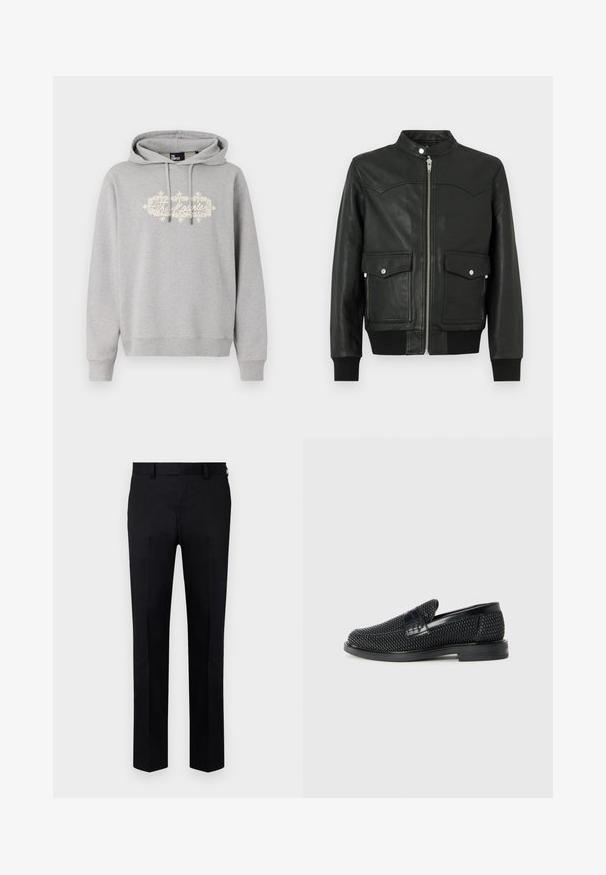 Veste aviateur en cuir noir avec une fermeture éclair à l'avant, deux poches avant, poignets et col côtelés. Texture lisse avec des détails de couture subtils.; Hoodie gris en mélange de coton, avec un graphique à l'avant en texte écru et motif orné. Comprend des cordons de serrage et des poignets côtelés.; Pantalons noirs en tissu lisse, présentant une coupe droite, un pli devant et des passants de ceinture à la taille. Pas de motifs ni d'accents visibles.; Chaussure slip-on tissée noire avec un accent en cuir lisse sur le dessus, un design à bout rond et une semelle en caoutchouc à profil bas.