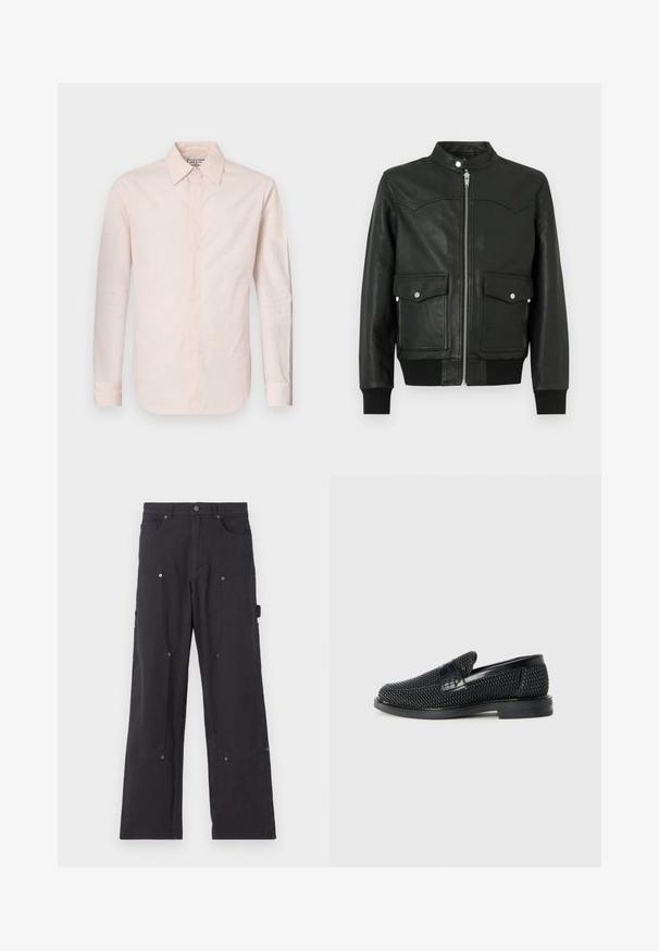 The Kooples Lederjacke - black; Helles rosa Langarmhemd aus glattem Stoff, mit spitzem Kragen, Knopfverschluss und einem leicht abgerundeten Saum.; Schwarze Cargo-Hosen aus strapazierfähigem Material mit geradem Bein-Design, ausgestattet mit Vorderseitentaschen, Druckknöpfen und seitlichen Utility-Taschen.; Schwarzer geflochtener Slipper mit einem glatten Lederakzent im Obermaterial, einem runden Zehendesign und einer flachen Gummisohle.