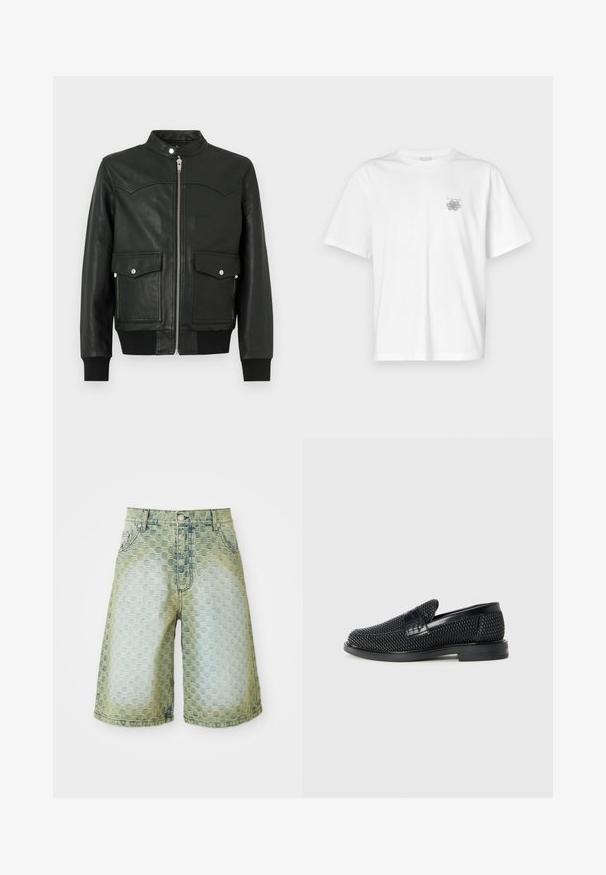 Veste aviateur en cuir noir avec une fermeture éclair à l'avant, deux poches avant, poignets et col côtelés. Texture lisse avec des détails de couture subtils.; T-shirt blanc en coton avec des manches courtes, un col ras du cou et un petit logo gris sur la partie gauche de la poitrine. Texture lisse.; Shorts en denim avec un motif texturé, dégradé de bleu clair à vert, design classique à cinq poches et fermeture à bouton en métal.; Chaussure slip-on tissée noire avec un accent en cuir lisse sur le dessus, un design à bout rond et une semelle en caoutchouc à profil bas.