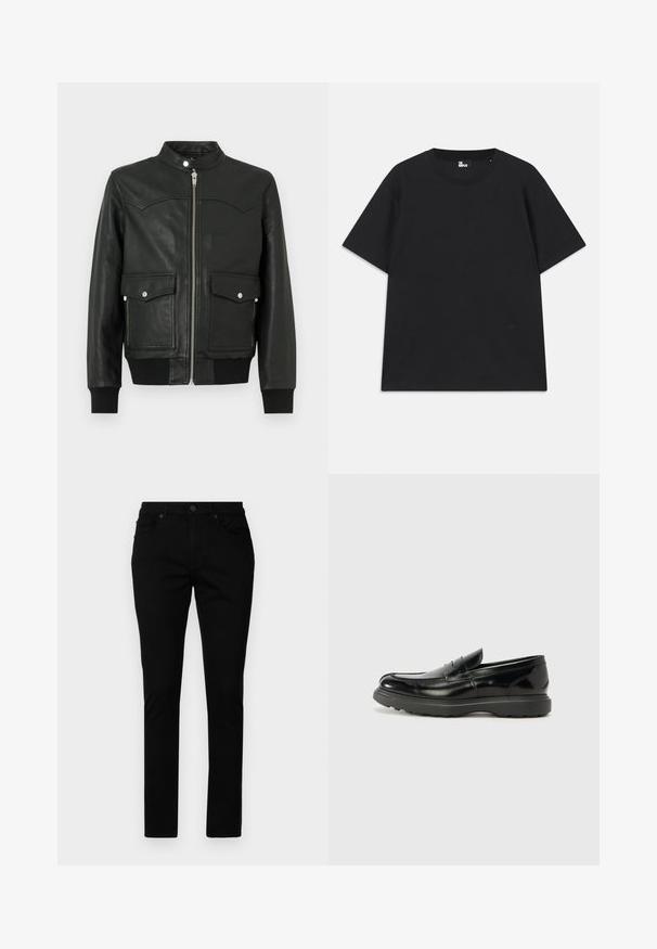 Melna ādas bumbiermētelis ar rāvējslēdzēju priekšpusē, divām priekšējām kabatām, ribām aprocēm un apkakli. Gluda tekstūra ar smalku šuvju detalizāciju.; Melna īsām piedurknēm t-krekls, izgatavots no kokvilnas, ar apaļu kakla izgriezumu un mazu logotipa detaļu pie apakšmalas. Gluda tekstūra, standarta piegriezums.; Melnām džinsiem ar šauru piegriezumu, kas iekļauj klasisko piecu kabatu dizainu, pogu aizdari un minimālās šuvju detaļas.; Melnas ādas loafers ar spīdīgu apdari, noapaļota pirksta forma, smalkas šuvju detaļas un bieza gumijas zole ilgstošai lietošanai.