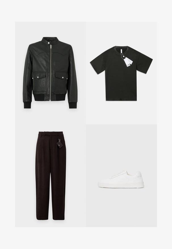 Veste aviateur en cuir noir avec une fermeture éclair à l'avant, deux poches avant, poignets et col côtelés. Texture lisse avec des détails de couture subtils.; T-shirt en coton noir à manches courtes avec col rond et étiquettes blanches attachées pendent du col sur fond blanc.; Pantalons texturés marron foncé avec une coupe ample, dotés d'une taille ceinturée et d'une étiquette attachée par une boucle en métal. Devant plat et jambes droites.; Sneaker blanc avec une tige en cuir lisse, bout rond, lacets, accents latéraux texturés et une épaisse semelle en caoutchouc. Design minimaliste.