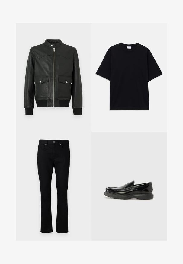 Juoda odinė bombonešio striukė su užtrauktuku priekyje, dviem priekinėmis kišenėmis, ribinėmis rankogaliais ir apykakle. Lygus paviršius su subtiliai matomu siuvimo raštu.; Juodas trumpas rankovėmis per didelis marškinėliai su apvaliu iškirpimu ir matoma Filippa K prekės ženklo etiketė vidinėje apykaklės pusėje.; Juodi džinsai su tiesiu kirpimu, turintys vidutinį liemenį, penkis kišenes ir metalinius akcentus. Lygi tekstūra.; Juodas odinis loaferis su blizgiu paviršiumi, apvaliu pirštu, subtiliais siūlių detalėmis ir storu guminio pado, užtikrinančio ilgaamžiškumą.