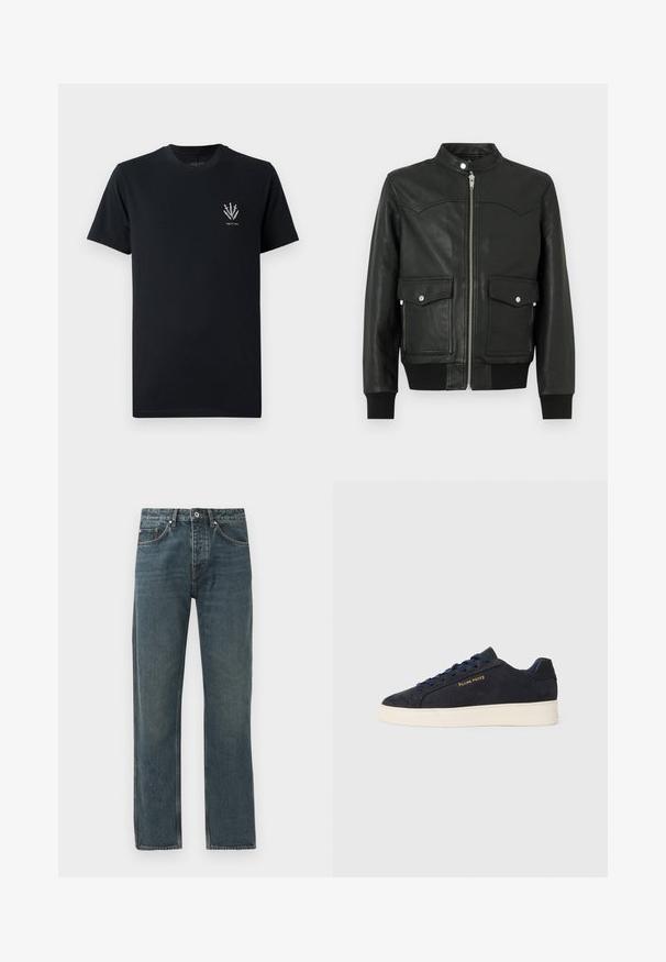 Čierna kožená bomber bunda so zipsom vpredu, dvoma prednými vreckami, žíhanými manžetami a golierom. Hladká štruktúra s jemnými detailmi zo švov.; Čierne bavlnené tričko s okrúhlym výstrihom, krátkymi rukávmi a malou grafikou bielych mečov na ľavej strane hrude.; Tmavomodré denimové džínsy so rovnými nohavicami, s piatimi vreckami, zapínaním na gombík a kontrastným prešívaním.; Námornícky modré semišové nízke tenisky s bielou podrážkou, námorníckymi šnúrami a zlatým logom "Filling Pieces" na boku.