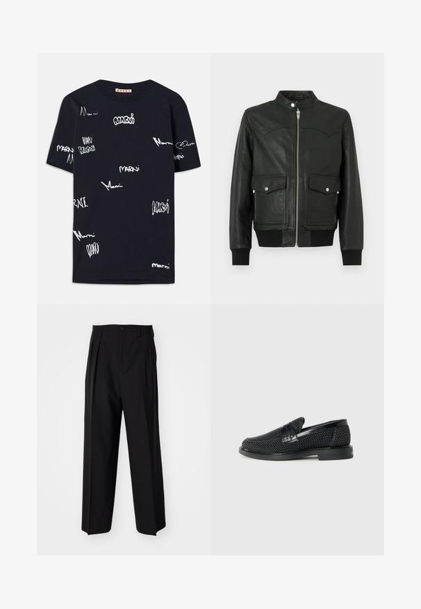 Melna ādas bumbiermētelis ar rāvējslēdzēju priekšpusē, divām priekšējām kabatām, ribām aprocēm un apkakli. Gluda tekstūra ar smalku šuvju detalizāciju.; Melna īsām piedurknēm T-kreklu ar izkaisītiem baltiem teksta fragmentiem, logotipu dizainiem un dažādām rokraksta stilu variācijām uz auduma.; Melnas plisētās bikses ar taisnu, plata kāja dizainu. Izgatavotas no gludas auduma, ar pogu aizdari un jostas cilpiņām.; Melnas austas slaidu kurpes ar gludu ādas akcentu augšpusē, apaļas formas purngalu un zemas profila gumijas zoli.