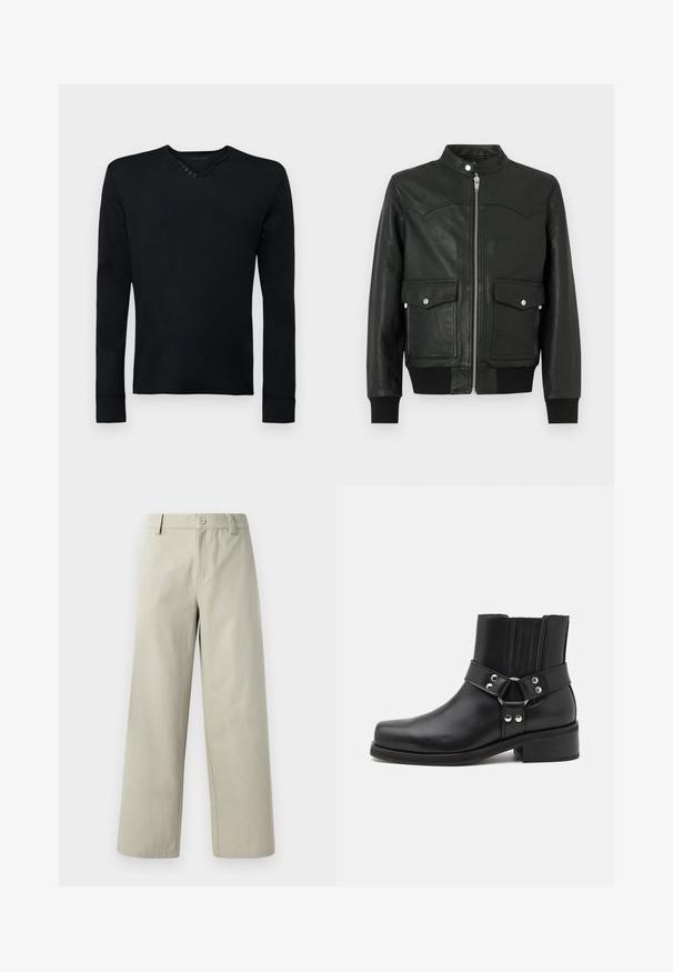 Musta nahkainen bomber-takki, jossa on vetoketjullinen etuosa, kaksi etutaskua, resorit hihansuissa ja kauluksessa. Sileä pinta, jossa hillittyä ompelukoristelua.; Musta pitkähihaine paita pehmeästä kankaasta, jossa on pyöreä pääntie, vasemmassa olkapäässä viisi koristepainiketta ja ribbutetut hihat.; Han Kjøbenhavn WIDE LEG - Housut - light grey; The Kooples CHAUSSURES - Biker-/cowboynilkkurit - black