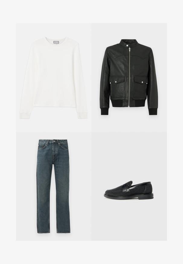 Czarna skórzana kurtka bomberka z przednim zamkiem błyskawicznym, dwoma przednimi kieszeniami, ściągaczami przy mankietach i kołnierzu. Gładka tekstura z subtelnymi przeszyciami.; Biała, dług rękawowa, prążkowana bluzka z okrągłym dekoltem i dopasowanymi mankietami. Zawiera metkę z napisem "PAUL & JOE" przy kołnierzu.; Granatowe jeansy z prostymi nogawki, z pięcioma kieszeniami, z zapięciem na guzik i kontrastującymi detalami przeszycia.; Czarny, pleciony but wsuwany z gładkim skórzanym akcentem na cholewce, o okrągłym nosku i niskoprofilowej gumowej podeszwie.