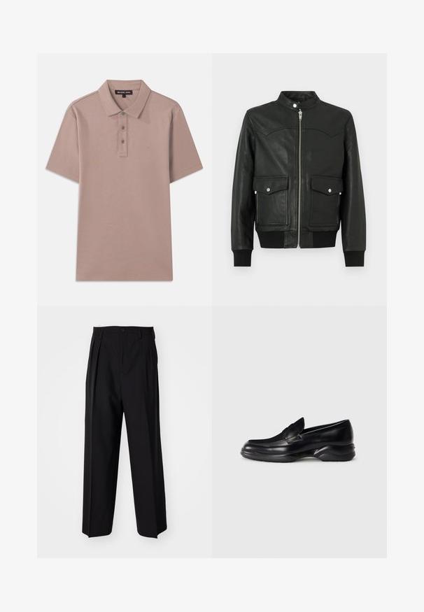 Chaqueta bomber de cuero negro con cierre frontal de cremallera, dos bolsillos delanteros, puños y cuello acanalados. Textura suave con detalles sutiles de costura.; Camisa polo de tela marrón claro con mangas cortas, tapeta de tres botones y logotipo bordado "MK" en el pecho. Textura suave.; Pantalones negros plisados con un diseño recto y de pierna ancha. Fabricados en una tela suave, presentan un cierre de botón y trabillas para el cinturón.; Mocasines de piel negra con una suela de goma texturizada y baja, y un diseño de costura en la parte superior. Presenta una punta redondeada y mínimas ornamentaciones.