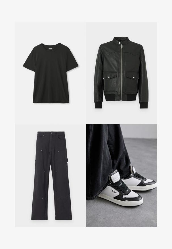 Juoda odinė bombonešio striukė su užtrauktuku priekyje, dviem priekinėmis kišenėmis, ribinėmis rankogaliais ir apykakle. Lygus paviršius su subtiliai matomu siuvimo raštu.; Juodas trumpas rankovėmis apvalaus kaklo marškinėliai, kabančios prieš paprastą baltą foną, etiketė matoma viduje apykaklės.; Juodos cargo kelnės, pagamintos iš tvirto audinio, su tiesiomis kojomis, turinčios priekines kišenes, spaudėmis ir šonines naudingas kišenes.; Juodos ir baltos aukštos sportinės bateliai su tekstūruotais juodais raišteliais, pagaminti iš odos ir sintetinių medžiagų, su logotipu šone.
