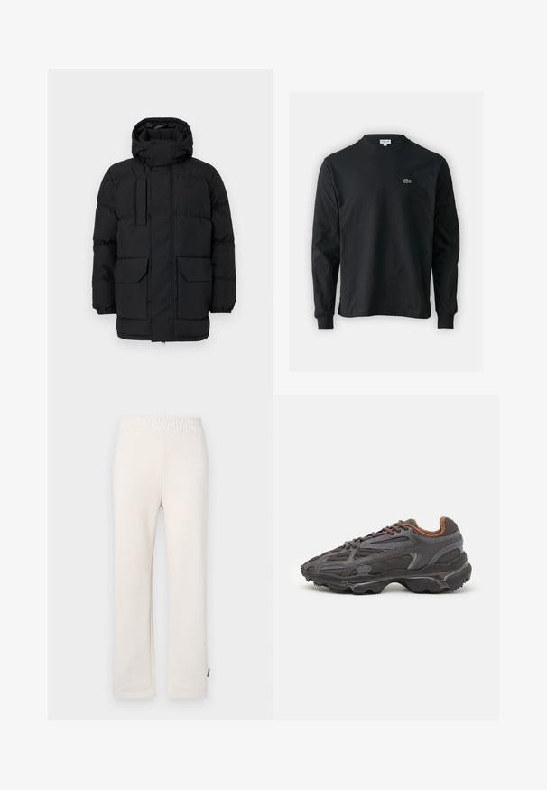 Chaqueta acolchada negra con capucha, presenta cierres a presión, dos bolsillos frontales y puños elásticos. Textura suave, diseño casual.; Camiseta de manga larga negra de algodón, con escote redondo y un pequeño logo de cocodrilo bordado en verde en el lado izquierdo del pecho.; Pantalones de chándal de algodón beige con cintura elástica y logo bordado. Diseño de pierna recta con una textura suave y detalles de costura sutiles.; Zapatillas Lacoste en gris oscuro con material de malla y sintético, que cuentan con una suela texturizada y detalles en marrón en el cuello y la marca.