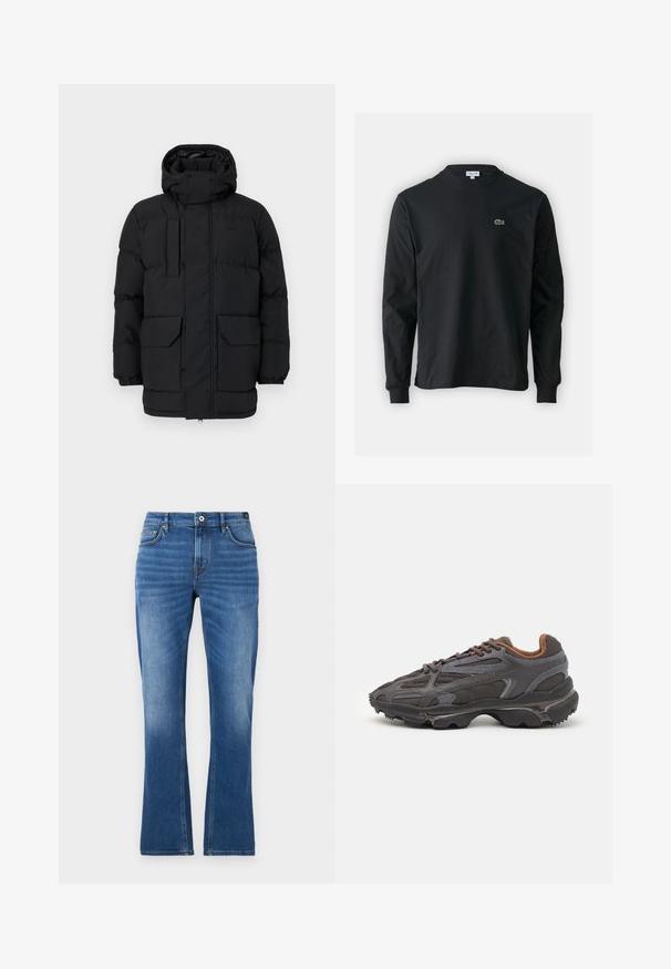 Black padded jacket with a hood, featuring snap closures, two front pockets, and elastic cuffs. Smooth texture, casual design.; Black long-sleeve t-shirt made of cotton, featuring a round neckline and a small green embroidered crocodile logo on the left chest.; Denim flared jeans in medium blue. Features five-pocket design, stitched accents, a button closure, and slightly faded texture on the legs.; Lacoste sneakers in dark gray with mesh and synthetic material, featuring a textured sole and brown accents on the collar and branding.