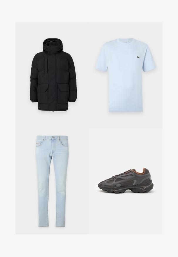 Melnā pildītā jaka ar kapuci, ar uzspiedēm, divām priekšējām kabatām un elastīgām piedurknēm. Gluda tekstūra, ikdienišķs dizains.; Gaiši zila īsām piedurknēm T-krekls, izgatavots no mīksta kokvilnas materiāla. Uz krūšu ir neliels zaļš izšūts krokodila logos.; Gai zila denima bikses ar šauru piegriezumu, kurām ir priekšējās un aizmugurējās kabatas, kā arī neliela nolietojuma ietekme audumā, lai piešķirtu tekstūru.; Lacoste kedas tumši pelēkā krāsā ar acu audumu un sintētisko materiālu, ar teksturētu zoli un brūniem akcentiem apkaklītē un zīmola uzrakstā.