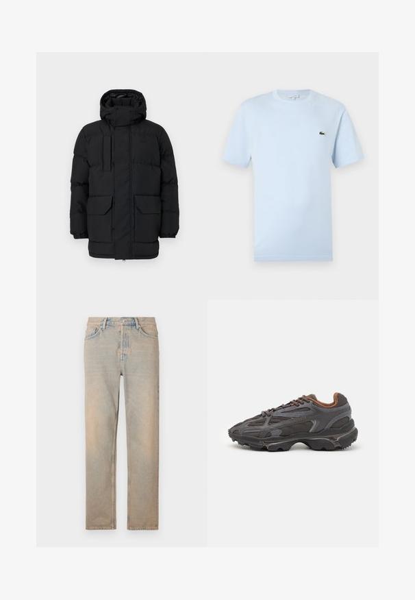 Mustat pehmustetut takki hupulla, jossa on nepparikiinnitys, kaksi etutaskua ja elastiset hihansuut. Suurustekstuuria, rento muotoilu.; Vaaleansininen lyhythihainen t-paita, joka on valmistettu pehmeästä puuvillakankaasta. Rintamuksessa on pieni vihreä brodeerattu krokotiililogo.; Vaaleanbeiget farkut, joissa on suora leikkaus. Niissä on viisi taskua, nappisulku ja hienovarainen kuluminen kankaan pinnalla.; Lacoste-tennar i mörkgrått med nät- och syntetmaterial, med en texturerad sula och bruna accenter på kragen och märket.