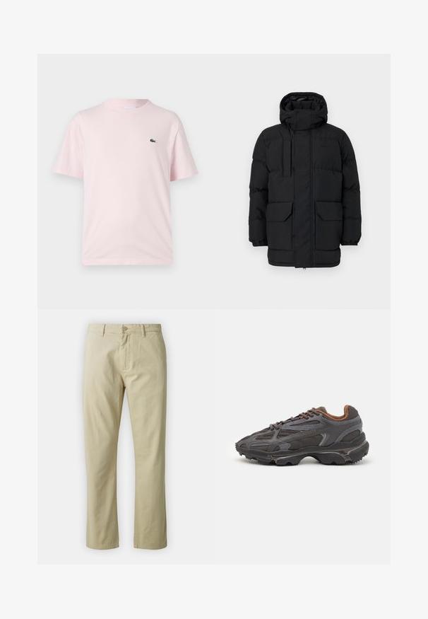 Svart vadderad jacka med huva, som har tryckknappar, två framfickor och elastiska manschetter. Slät textur, avslappnad design.; Ljusrosa bomulls t-shirt med korta ärmar. Har en liten grön broderad logotyp på vänster bröst. Crew neck-design.; Beiga bomullsbyxor med rak benform, framknäppning och bälteshällor. Slät textur, inga synliga mönster eller detaljer.; Lacoste-sneakers i mörkgrått med nät och syntetmaterial, med en strukturerad sula och bruna detaljer på kragen och varumärket.