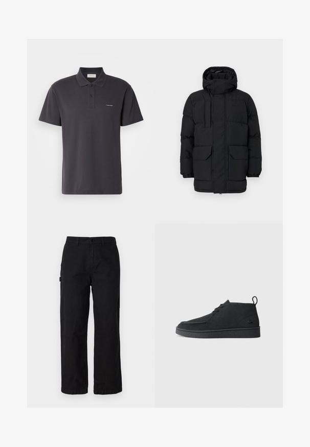 Čierna prešívaná bunda s kapucňou, so zapínaním na cvoky, dvomi prednými vreckami a elastickými manžetami. Hladká textura, neformálny dizajn.; Tmavohnedá polo tričko vyrobené z hladkej tkaniny, s golierom, dvoma gombíkmi a malým vyšitým logom na hrudi.; Čierne bavlnené cargo nohavice so strihom rovného nohavice, s bočnými vreckami a predným zapínaním na gombík. Odolná tkanina s hladkou textúrou.; Čierne zamšové členkové topánky na šnurovanie s pútkom a štruktúrovanou podrážkou, s malým embosovaným logom krokodíla na boku.