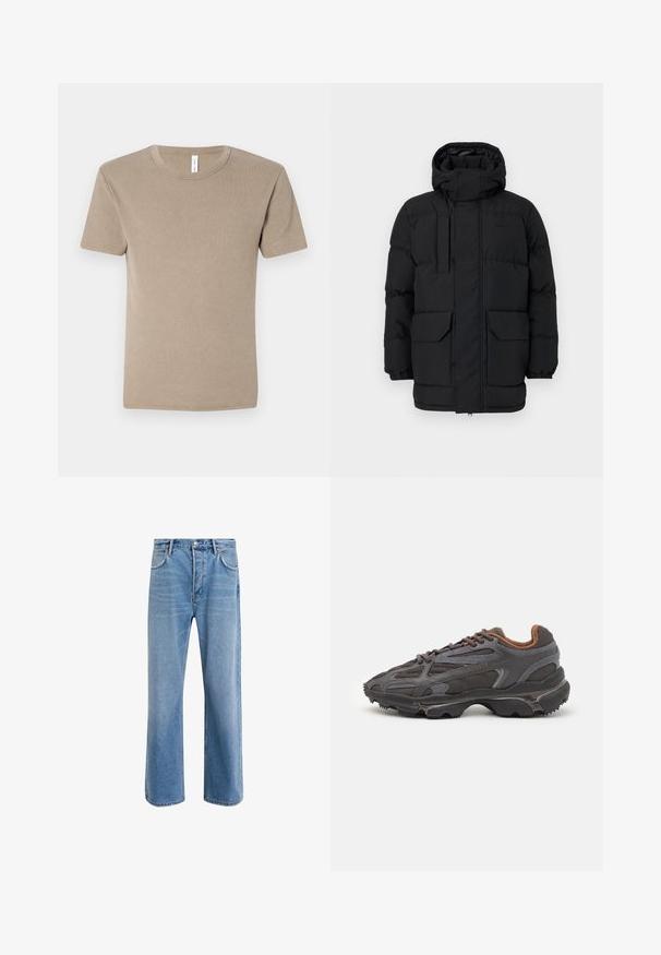 Giacca nera imbottita con cappuccio, dotata di chiusure a pressione, due tasche frontali e polsini elasticizzati. Tessuto liscio, design casual.; T-shirt marrone a maniche corte realizzato in cotone morbido. Caratterizzato da un collo a giro e un design semplice senza motivi o abbellimenti.; Jeans in denim blu chiaro con design a gamba dritta, cinque tasche, chiusura con bottone, leggero sbiadimento e dettagli di cucitura a contrasto.; Sneaker Lacoste grigie scure in materiale mesh e sintetico, con suola testurizzata e dettagli marroni sul colletto e sul branding.