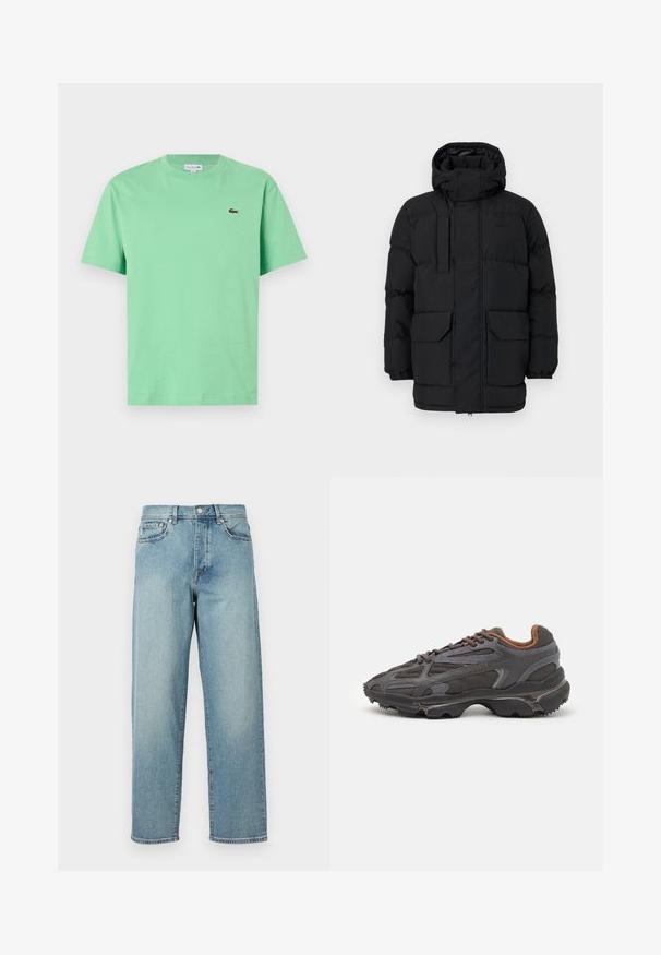 Black padded jacket with a hood, featuring snap closures, two front pockets, and elastic cuffs. Smooth texture, casual design.; Mint green cotton t-shirt featuring a crew neckline, short sleeves, and a small embroidered logo on the left chest.; Light blue denim jeans with a loose fit, straight legs, five-pocket design, and a button closure at the waist. Minimalistic stitching detail.; Lacoste sneakers in dark gray with mesh and synthetic material, featuring a textured sole and brown accents on the collar and branding.