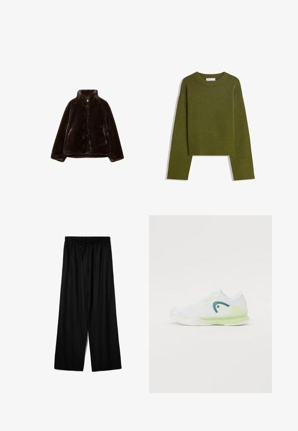 Mørkebrun blød faux fur-jakke med høj krave og frontlynlås, lange ærmer og en blød, fluffy tekstur.; Olivenfarvet strikket sweater med rund hals, lange ærmer og ribbet kant. Har et cropped design med en blød, struktureret overflade.; Sorte bredde-bukser lavet af letvægtsstof, med en elastisk talje og snøre for justerbar pasform. Glat tekstur.; Hvide atletiske sko med mesh overdel og gummisål, fremhævet af en grøn hæl og lyseblå detaljer, med et strømlinet design.