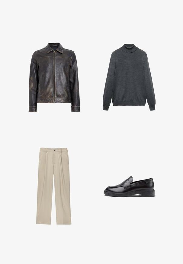 Zwarte leren jack met ritssluiting, opstaande kraag en subtiele verweerde textuur. Heeft een ronde hardware accent op de rits.; Koolgrijze coltrui gemaakt van zachte stof, met lange mouwen, een aansluitende kraag en een rechte zoom. Gladde textuur overal.; Beige broek met een rechte snit, voorzien van een enkele zwarte knoop, riemlussen en zijzakken. Glad stoffen textuur en een minimalistisch ontwerp.; Zwarte leren loafer met een lage ribbelhiel, ronde neus, decoratieve gestikte accenten en een voorste banddetail. Gladde textuur.