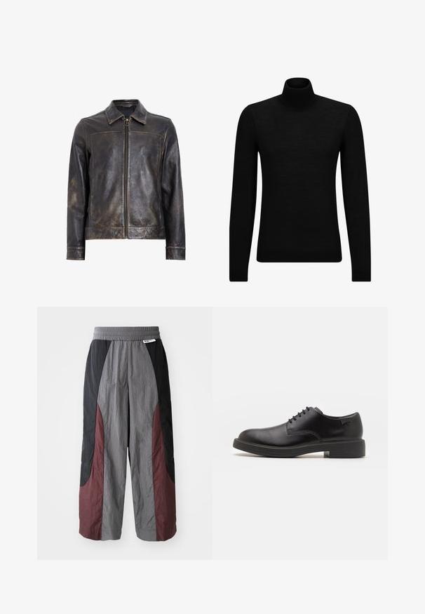 Veste en cuir noir avec fermeture éclair, col montant et texture légèrement usée. Présente un accent en métal circulaire sur la fermeture éclair.; Pull à col roulé noir en matériau doux, avec des manches longues et une coupe ajustée. Finition côtelée au bas et aux poignets. Design simple.; Pantalons à large jambe en tissu léger, présentant un design en blocs de couleur noir, gris et bordeaux avec une taille élastique.; Chaussure noire en cuir à lacets avec un embout arrondi, texture lisse, piqures minimales et un petit talon en caoutchouc. Logo sur le talon.