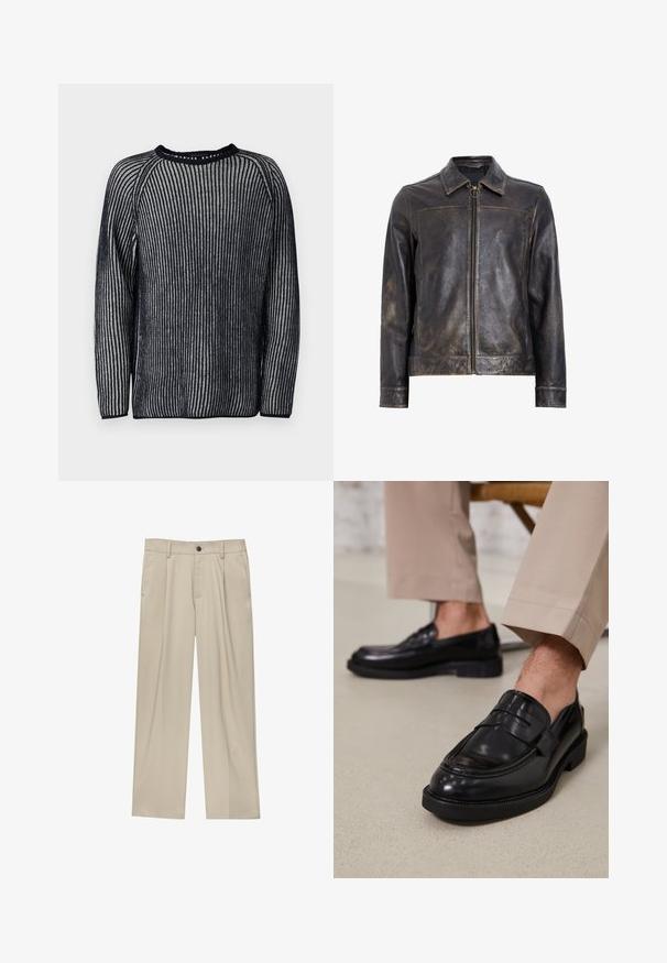 Fekete bőr dzseki, cipzárral, álló gallérral és finoman megkopott felülettel. A cipzáron egy kör alakú fém dísz van.; Kötött pulóver, navy és fehér függőleges csíkokkal, kerek nyakkal és hosszú ujjal. Jellemzője a bordás textúra és a raglán szabás.; Beige egyenes szárú nadrág, egy fekete gombbal, övhurkokkal és oldalzsebekkel. Sima szövettextúra és minimális design.; Fekete bőr loaferek sima felülettel, díszítő pánttal és kontrasztos varrással, bézs nadrággal párosítva.