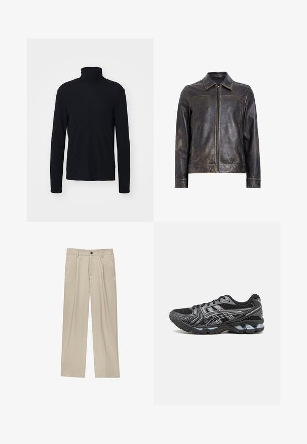 Fekete bőr dzseki, cipzárral, álló gallérral és finoman megkopott felülettel. A cipzáron egy kör alakú fém dísz van.; NN.07 CLIVE ROLL - Pulóver - black; Beige egyenes szárú nadrág, egy fekete gombbal, övhurkokkal és oldalzsebekkel. Sima szövettextúra és minimális design.; Fekete sportcipő hálós felsőrésszel, ezüst részletekkel és párnázott talppal. Fűzős kialakítással és mintázott talppal a jobb tapadás érdekében.