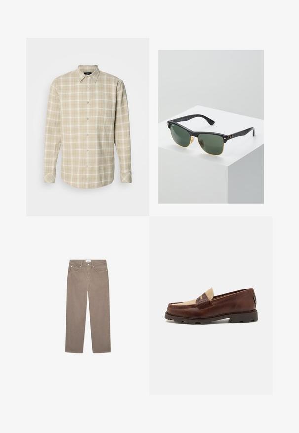Černá kožená bunda s zipovým uzávěrem, stojáčkem a subtilními opotřebovanými detaily. Obsahuje kulatý kovový akcent na zipu.; Mads Nørgaard ALASKA CHECK SUNE SHIRT - Košile - vanilla ice/silver sage; Bílý bavlněný top na ramínka s kulatým výstřihem, širokými ramínky a rovním lemem, s hladkou texturou a bez viditelných vzorů.; Hnědé džíny rovného střihu s five-pocket designem, kovovým hardwaru a hladkou texturou. Tkanina má jemný, rovnoměrný vzor.; Hnědé kožené mokasíny s taupe plátěným akcentem, prošívanými detaily a texturovanou gumovou podrážkou navrženou pro pohodlí a odolnost.; Sluneční brýle Ray-Ban se zelenými skly, černými plastovými rámy a zlatými akcenty na okrajích. Čtvercový tvar s matným povrchem.